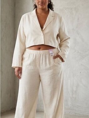Cream Cropped Blazer and Linen Wide-Leg Pants Set
